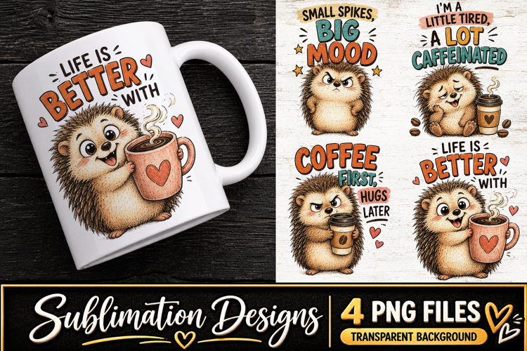 Cute Hedgehog Coffee Clipart Sublimation PNG