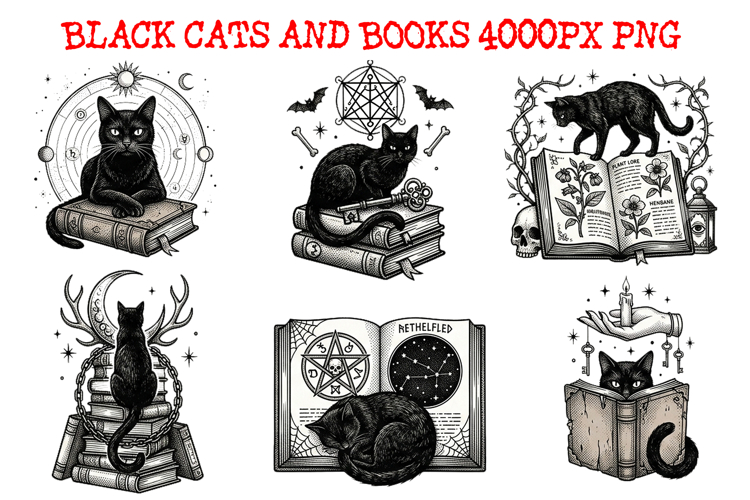6 Black Cats and Books Halloween Witch Spooky PNG Clipart
