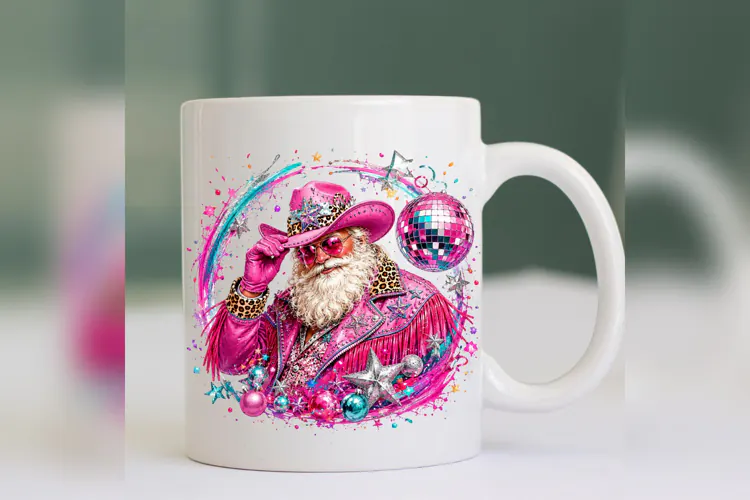 Pink Cowboy Santa PNG, Western Christmas Disco Santa, Leopar