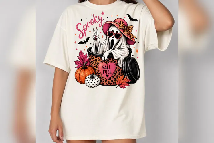 Spooky Fall Fuel Ghost PNG, Preppy Halloween Ghost, Leopard