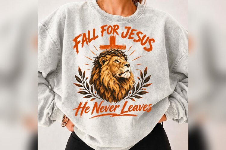Fall for Jesus Lion PNG, He Never Leaves Christian Autumn example image 1