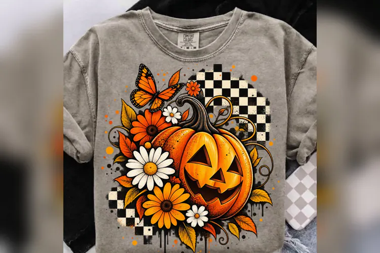Floral Pumpkin Halloween PNG, Checkered Jack O Lantern
