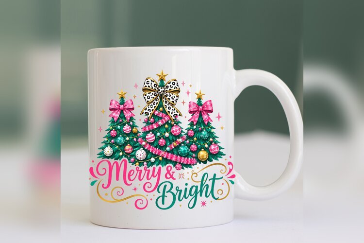 Merry and Bright PNG, Pink Bow Christmas Tree Design, Leopar example image 1