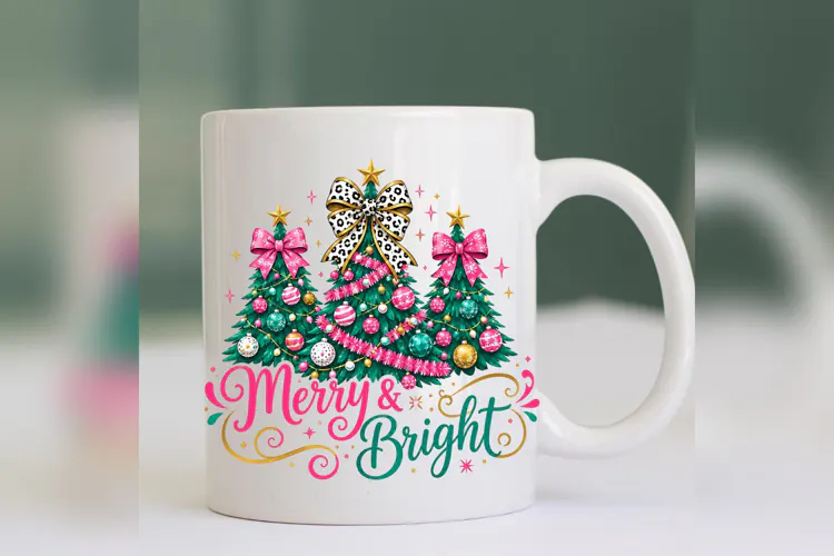 Merry and Bright PNG, Pink Bow Christmas Tree Design, Leopar