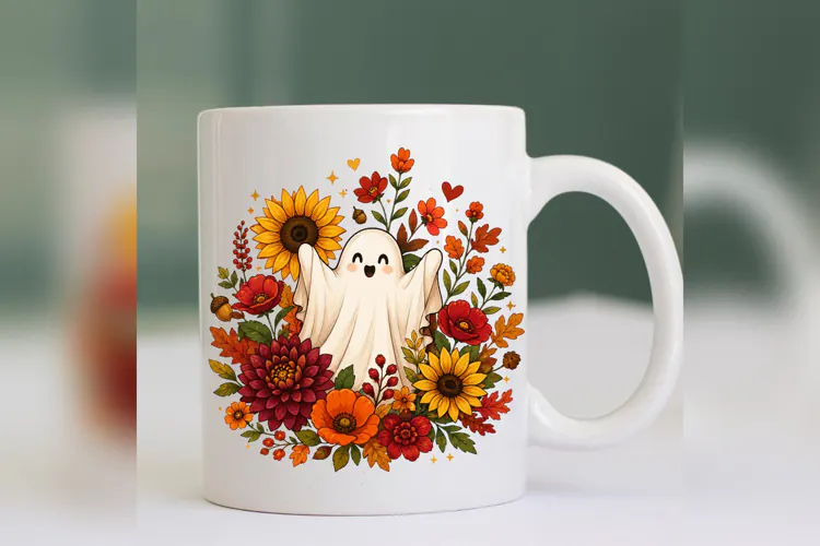Fall Floral Ghost PNG, Sunflower Halloween Ghost, Autumn