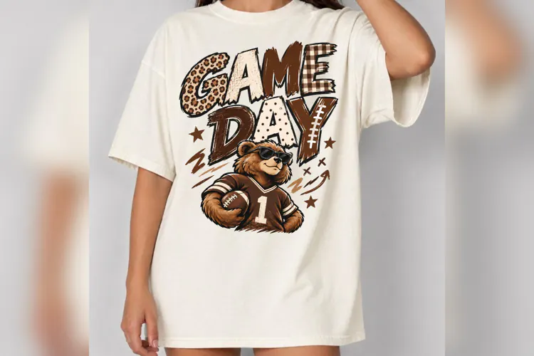 Game Day PNG, Football Bear Sports Design, Leopard Plaid Fal