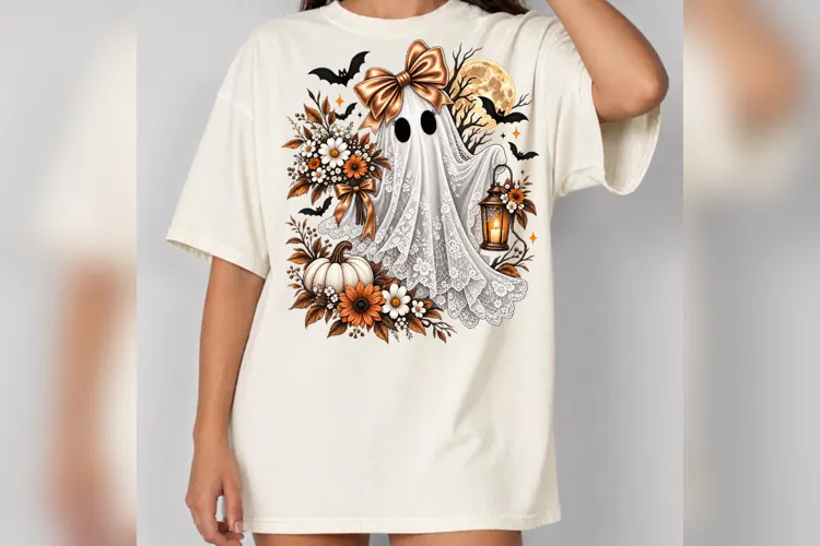 Floral Lace Ghost PNG, Coquette Halloween Ghost, Bow Pumpkin