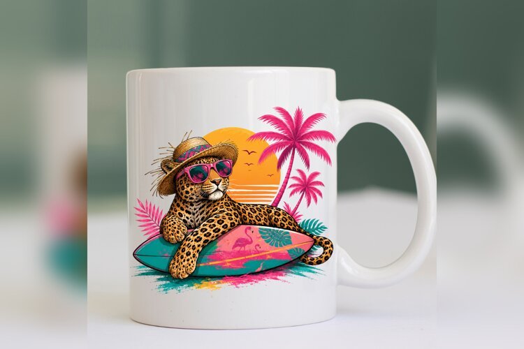 Tropical Leopard PNG, Surfing Leopard Summer Design, Beach example image 1
