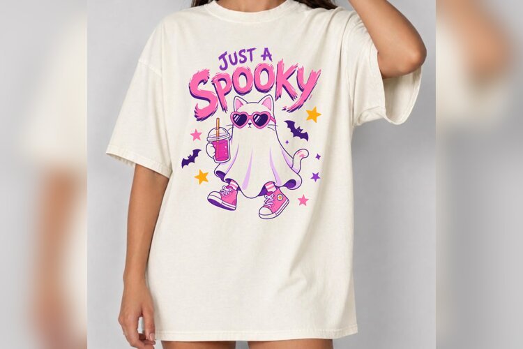 Just a Spooky Cat Halloween PNG, Cute Ghost Cat Shirt Design example image 1