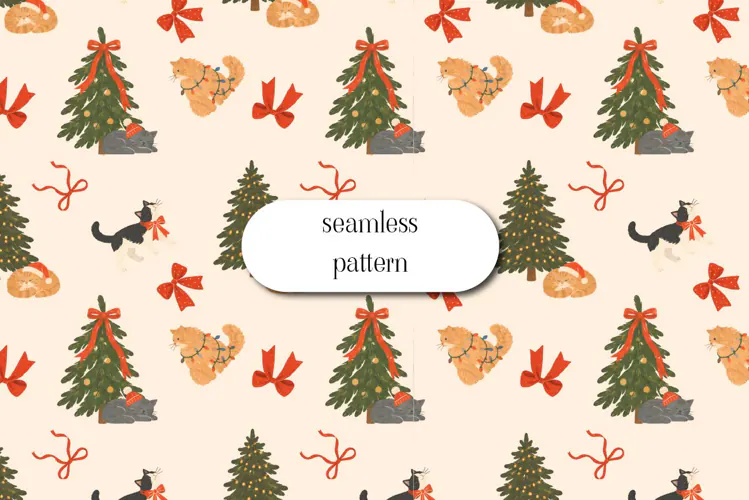 Christmas Cats and Decorated Trees Pattern