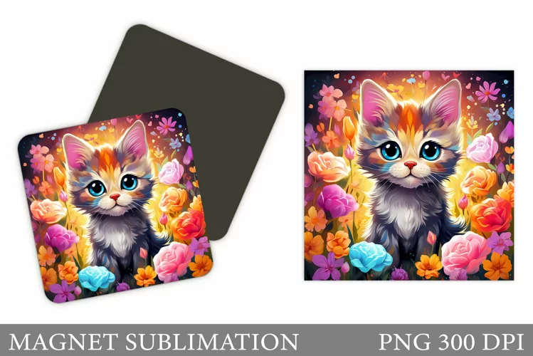Cute Cat Magnet Design. Cat Flowers Magnet Sublimation