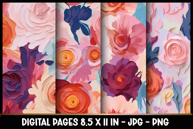 4 Flowers 3D Digital Papers I Junk Journal 8.5x11
