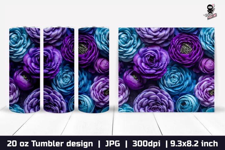 3d Flowers Tumbler, Violet Roses Tumbler Sublimation Wrap