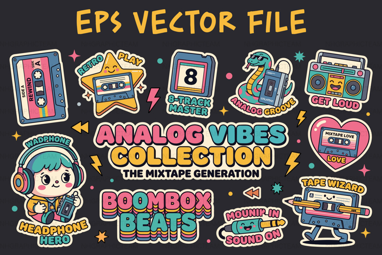 Kawaii Retro Music Sticker Bundle For Crafters - EPS Vector