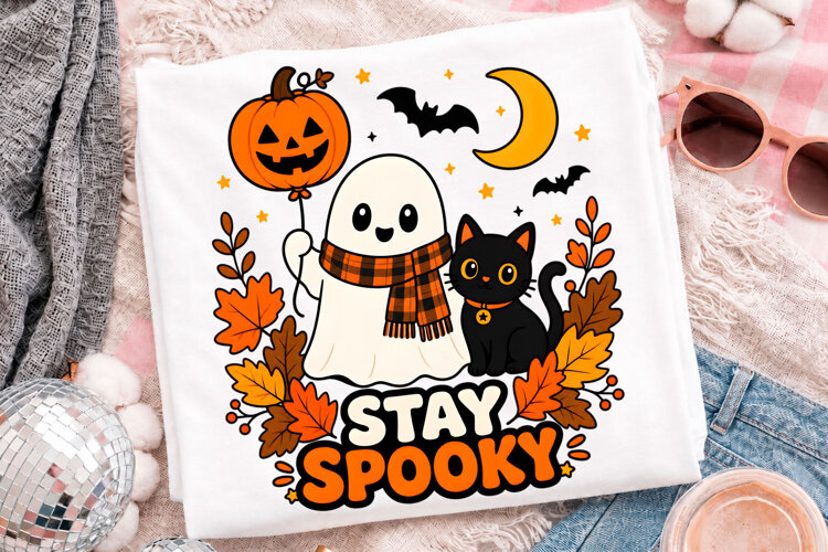 Stay Spooky Cute Ghost and Black Cat Halloween T-Shirt Desig example image 1