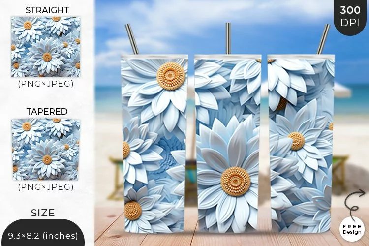 3D Flowers Tumbler Wrap | 3D Floral Sublimation Design