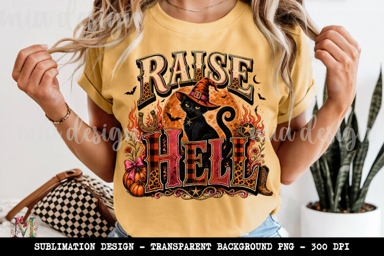 Raise Hell PNG, Black Cat Witch Halloween Sublimation Design example image 1