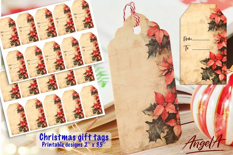 Christmas tag printable / Christmas poinsettia, old paper