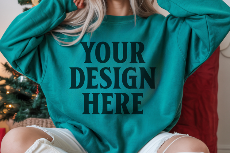 Comfort Colors 1566 Blue Spruce Sweatshirt Mockup, Cozy Boho