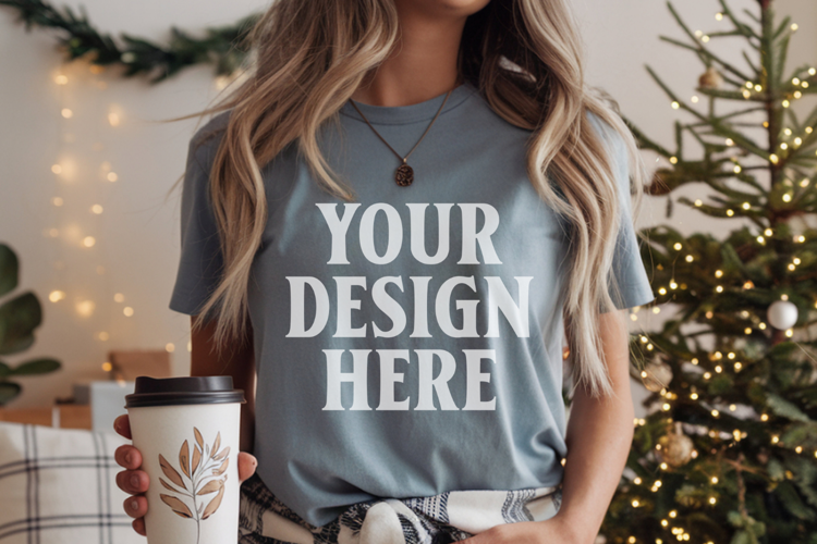 Comfort Colors 1717 Blue Jean Christmas T-Shirt Mockup, Boho