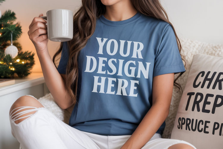 Blue Jean Comfort Colors 1717 Christmas Shirt Mockup, Cozy B
