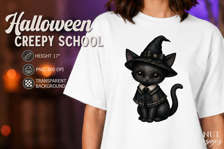 Creepy Witchy School Black Cat Gothic Halloween PNG