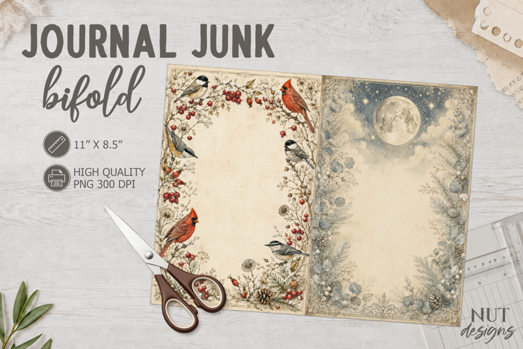 Vintage Christmas Journal junk Winter Birds snowy moon example image 1