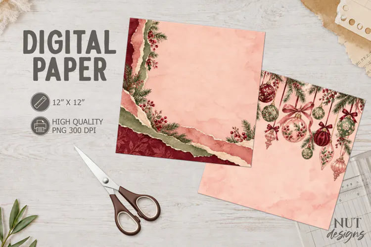 Christmas Baubles and Torn Paper blush, burgundy