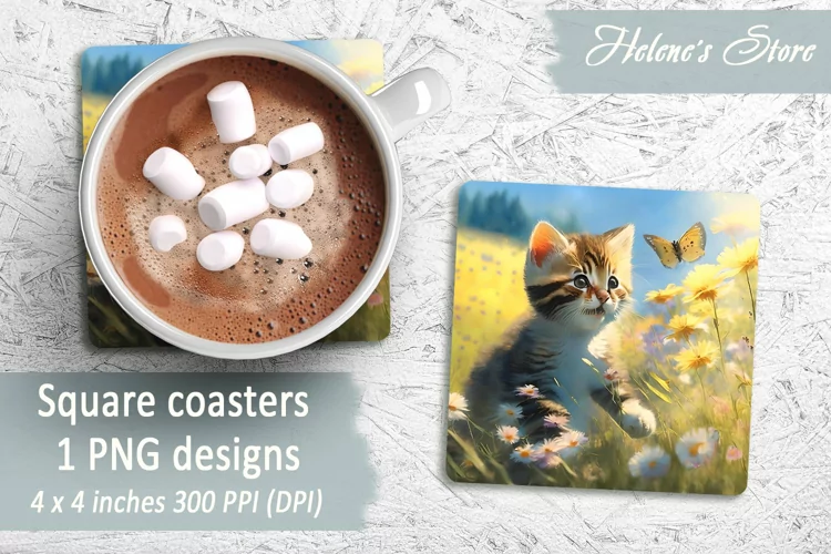 Cat Square Coasters | Summer Cat Sublimation Coaster