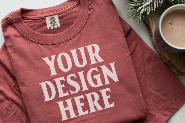 Crimson Comfort Colors 1717 Christmas Folded T-Shirt Mockup