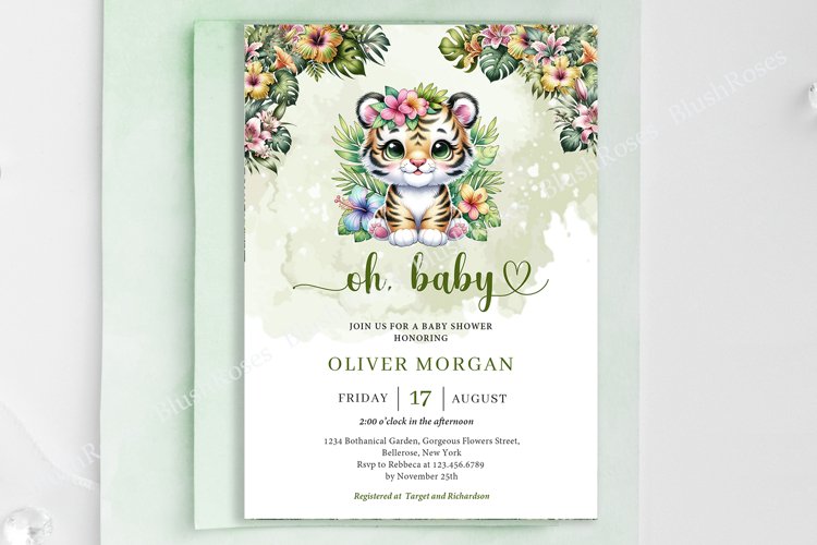 Tropical Jungle Animals Tiger Boy Baby Shower Invite ZB89 example image 1