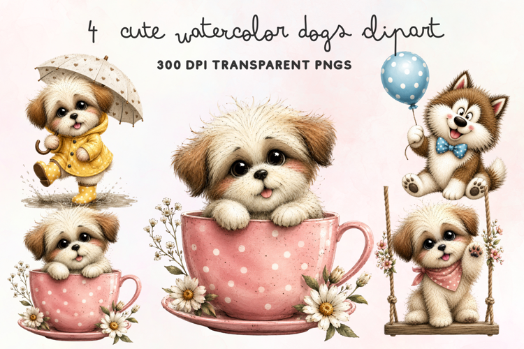 Cute Watercolor Dogs Clipart PNG