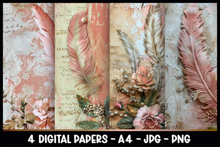 4 Vintage Feather Digital Papers I Junk Journal Page