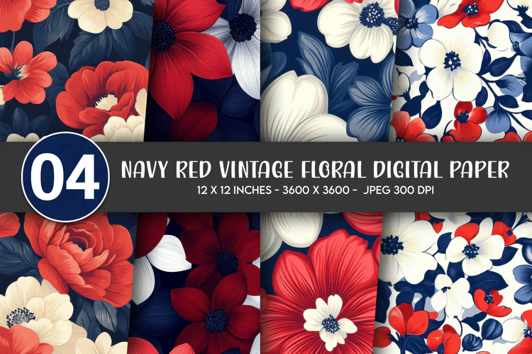 Navy Red Vintage Floral Digital Paper