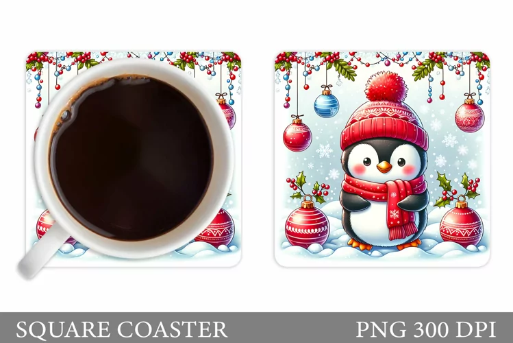 Cute Penguin Coaster Sublimation. Christmas Coaster Design