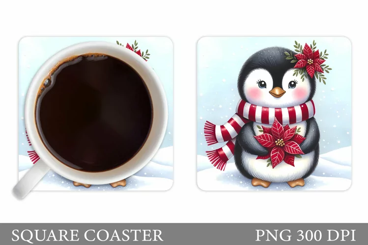 Cute Penguin Coaster Sublimation. Christmas Coaster Design
