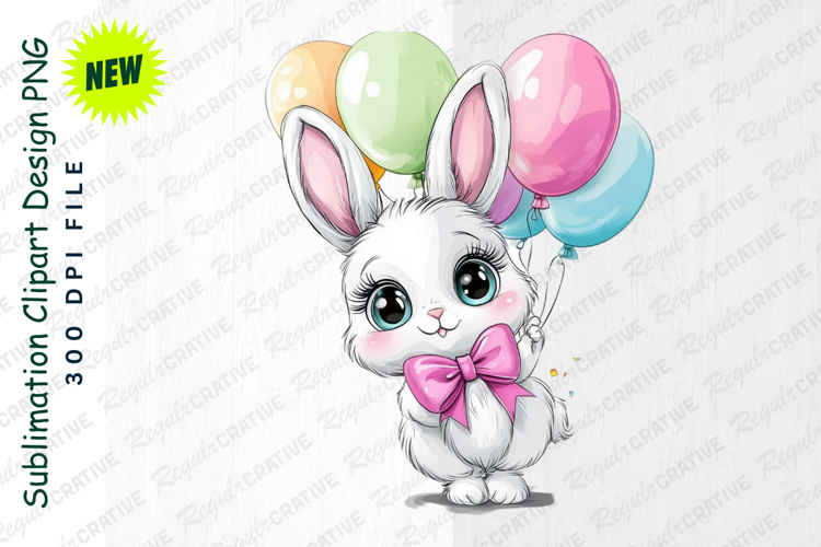 Cute White Bunny Rabbit With Colorful Balloons Clipart