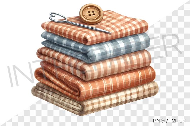 Wooden button and needle check fall fabric stack PNG clipart