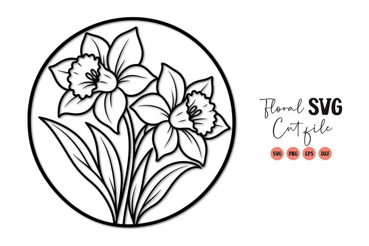 Daffodil Flower Circle Line Art SVG PNG example image 1