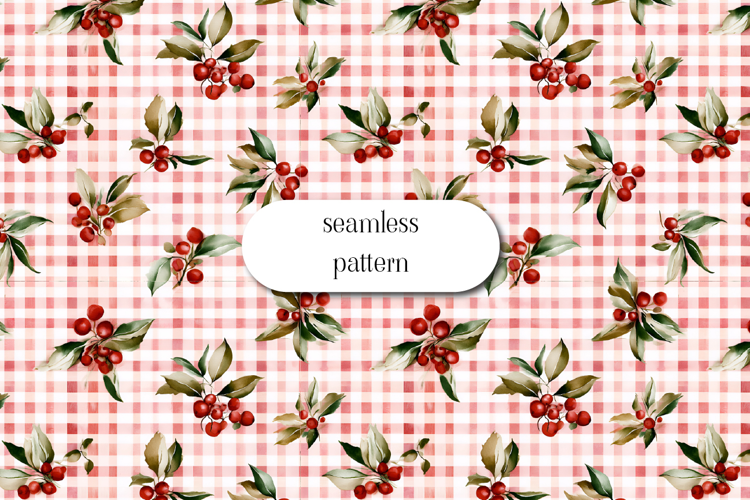 Christmas Holly Berries Gingham Seamless Watercolor Pattern