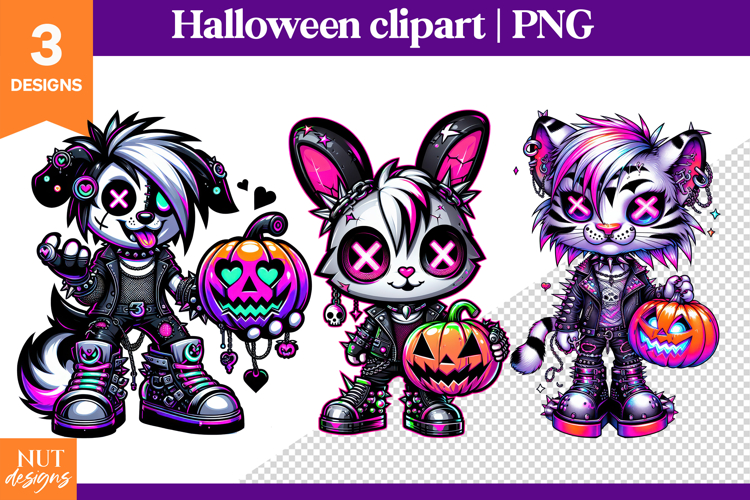 Neon Punk Halloween Animals Creepy Cute Halloween clipart