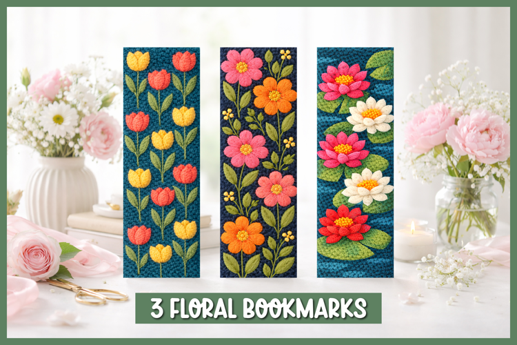 Floral punch needle bookmarks with embroidered flowers