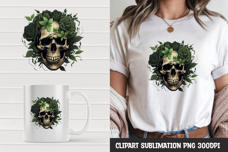 Watercolor floral skull sublimation clipart png