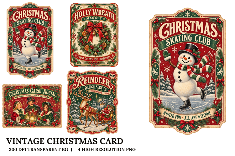 Vintage Christmas Cards Snowman Reindeer Holiday Clipart PNG
