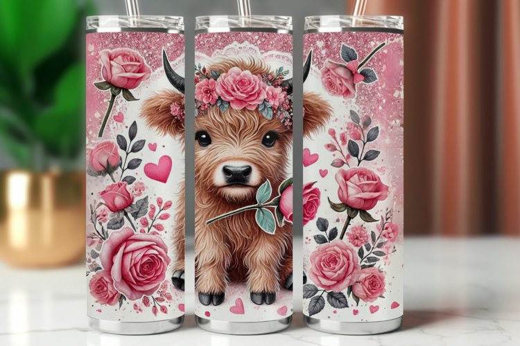Valentine Tumbler Wrap 20 oz - highland cow with roses