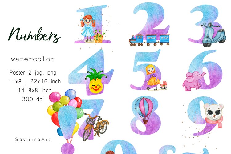 Number Watercolor Flowers Card,Poster number Sublimation PNG