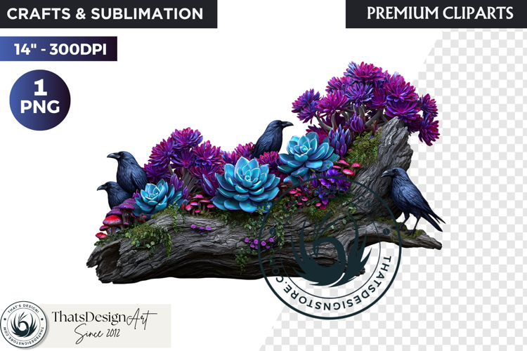 Floral Ravens Fantasy clipart, Gothic Botanical Bird Graphic