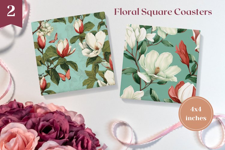 Floral Square Coasters Template, Magnolia Sublimation PNG