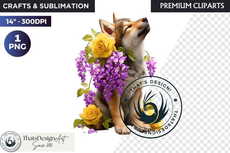 Floral Wolf Fantasy clipart, Botanical Wildlife Graphics PNG