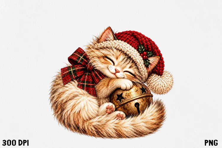 Cute Christmas Cat Clipart PNG | Whimsical Holiday Kitty
